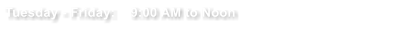 Tuesday - Friday:    9:00 AM to Noon